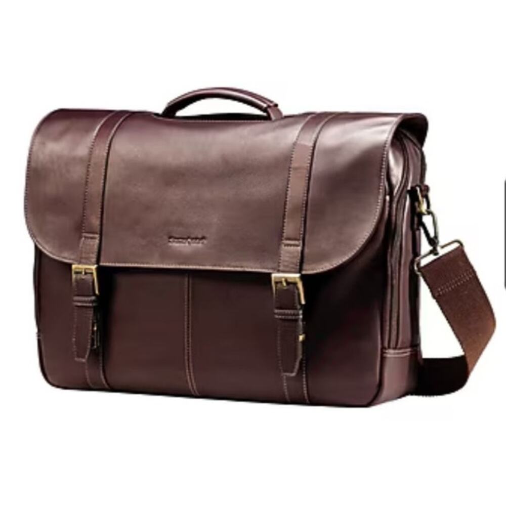 Samsonite Brown Leather Double Gusset Laptop Briefcase Messenger Bag 15.6”